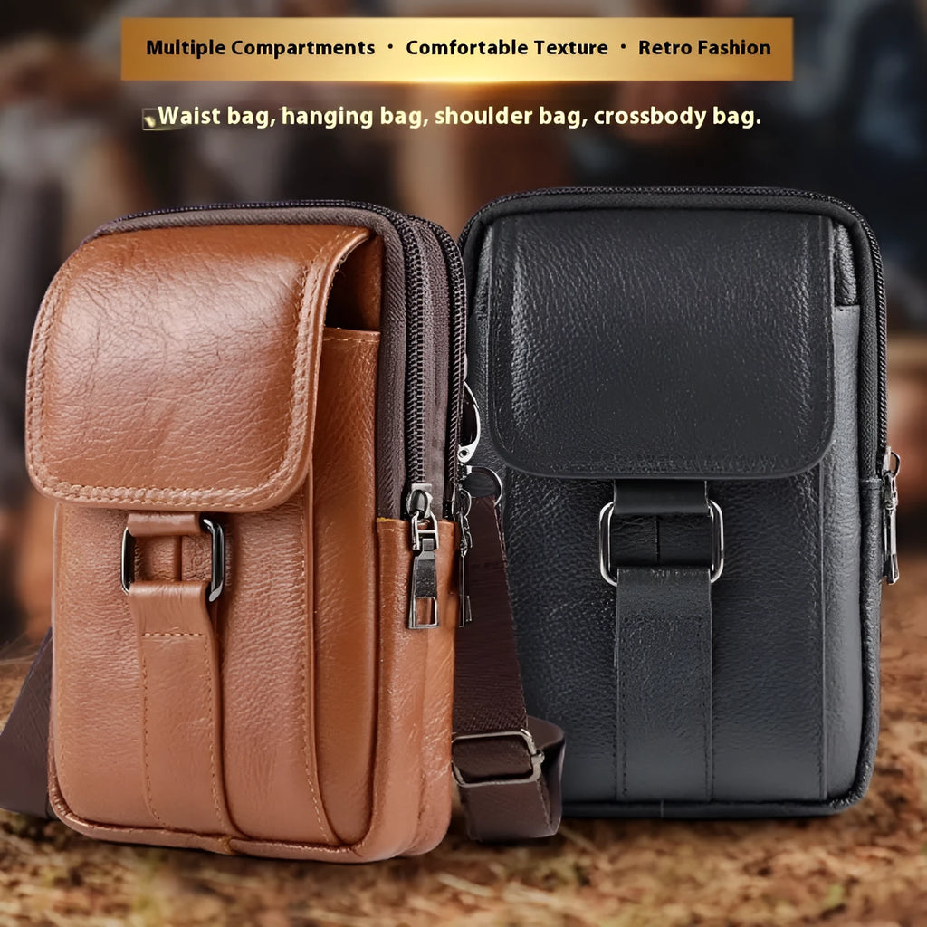 Men's black leather crossbody waist bag with a front lock closure shown in a vertical square shape.