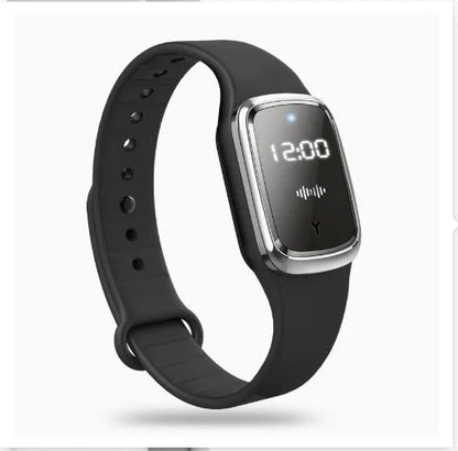 Ultrasonic mosquito repellent wristband in various colours, showcasing waterproof design and optional clock feature.