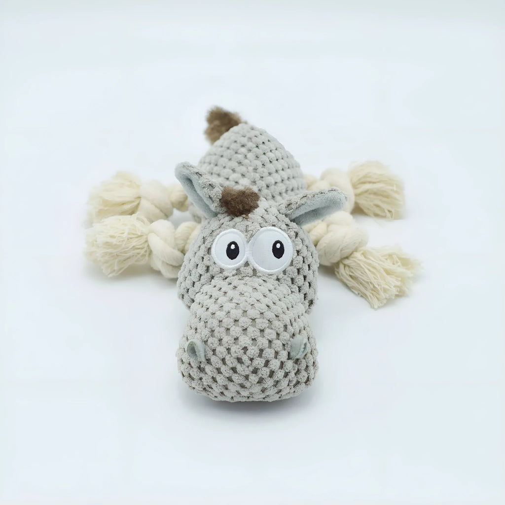 Grey donkey-shaped plush dog toy with squeaker measuring 27cm long