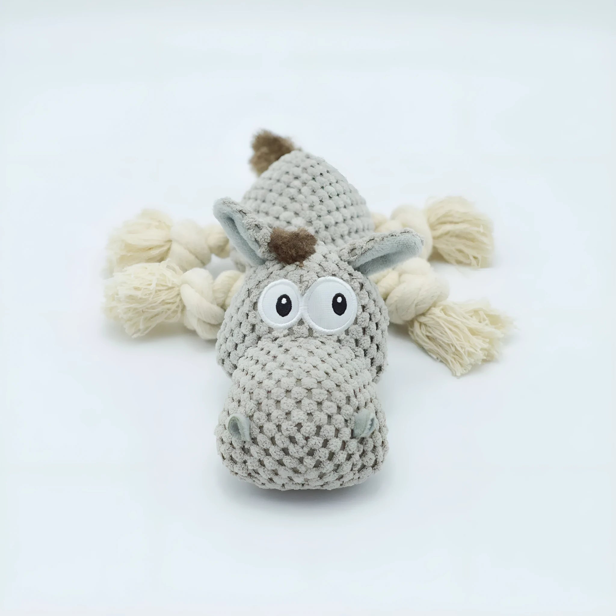 Grey donkey-shaped plush dog toy with squeaker measuring 27cm long