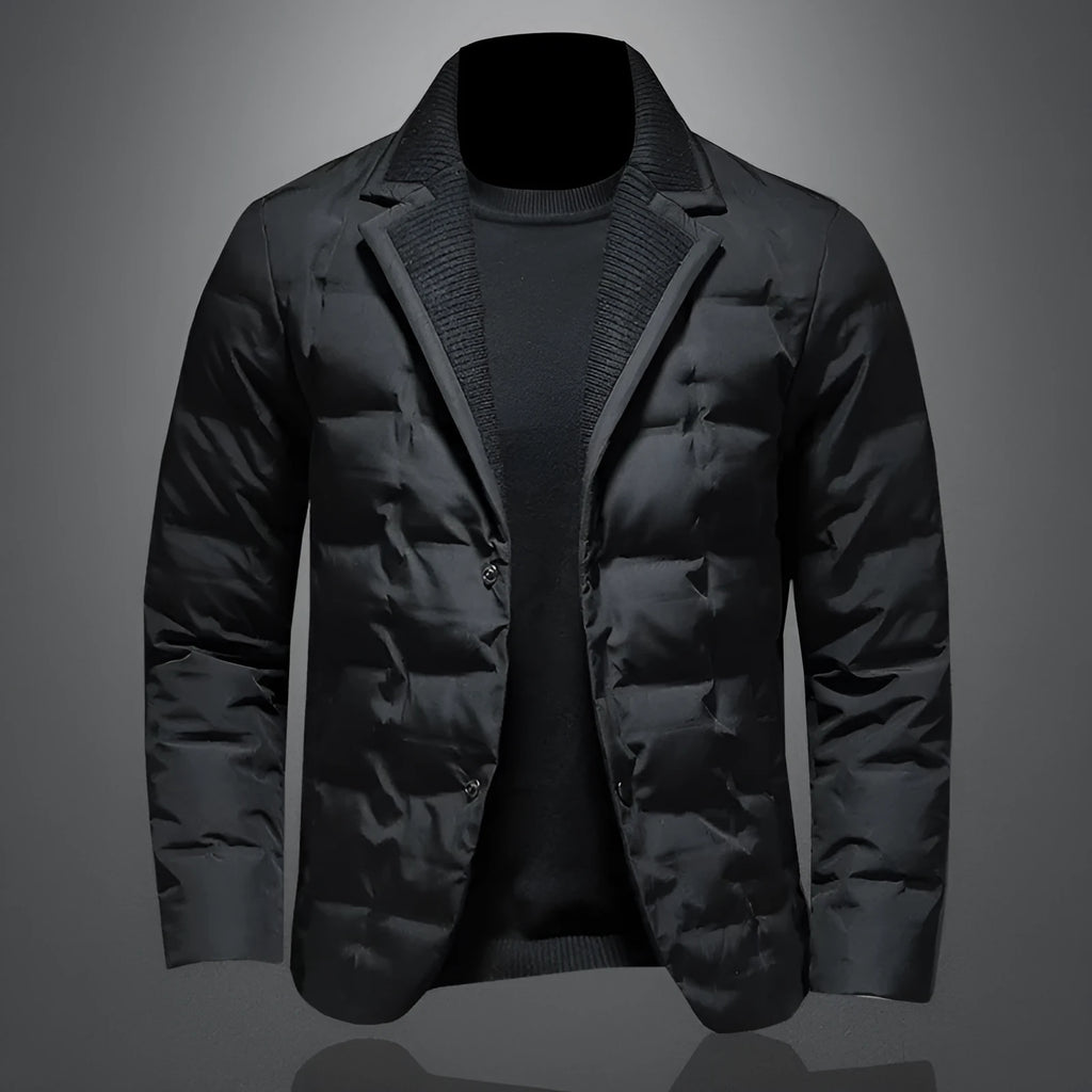 Men's black winter down jacket with white goose down filling, regular fit, 50cm length, polyester fibre shell