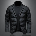 Men's black winter down jacket with white goose down filling, regular fit, 50cm length, polyester fibre shell