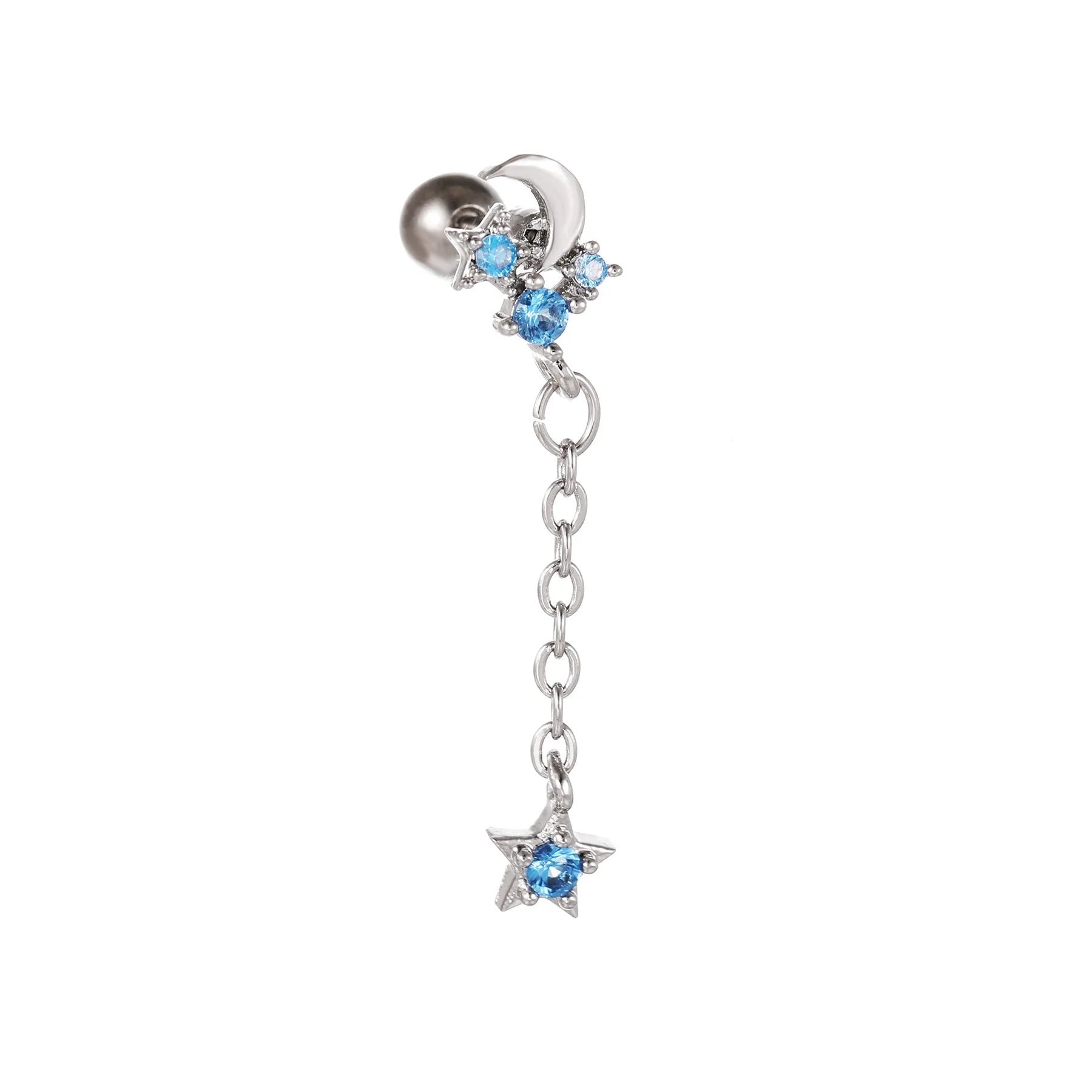 Star and moon cubic zirconia stainless steel cartilage earring in gold and white K options