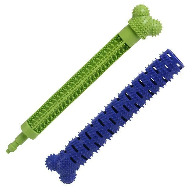 Blue green silicone dog dental cleaning stick toy with brush head design and massage nodules