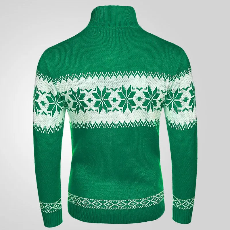 Men's green long sleeve thick jacquard knitted pullover sweater on model