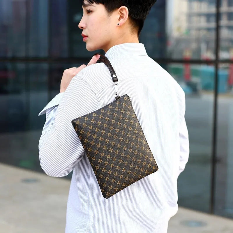 Men's clutch bag in gingham check pattern with soft PU leather, horizontal square shape, and shoulder strap