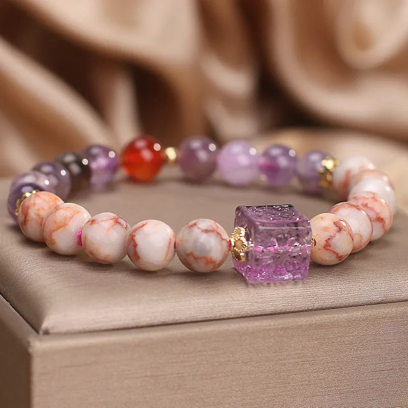 Natural agate bracelet in Amethyst Alashan colour for women, ethnic style on a light background