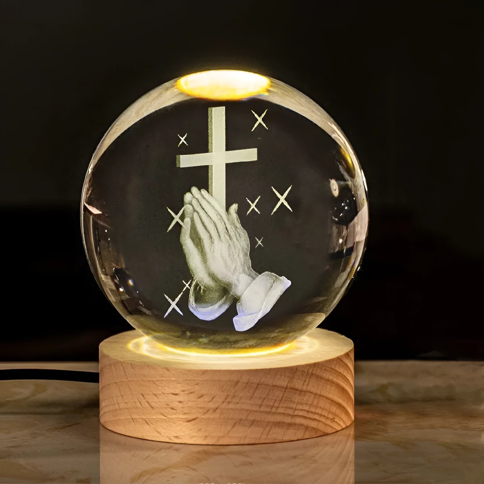 White crystal ball desk lamp with a solid wood base and an embedded cross design.