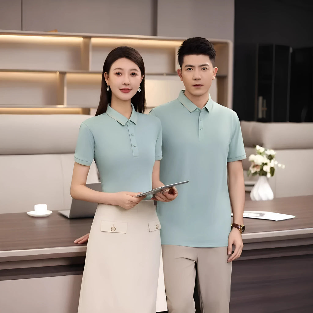Men's light blue ice ion breathable polo shirt with a single collar lapel and short sleeves.