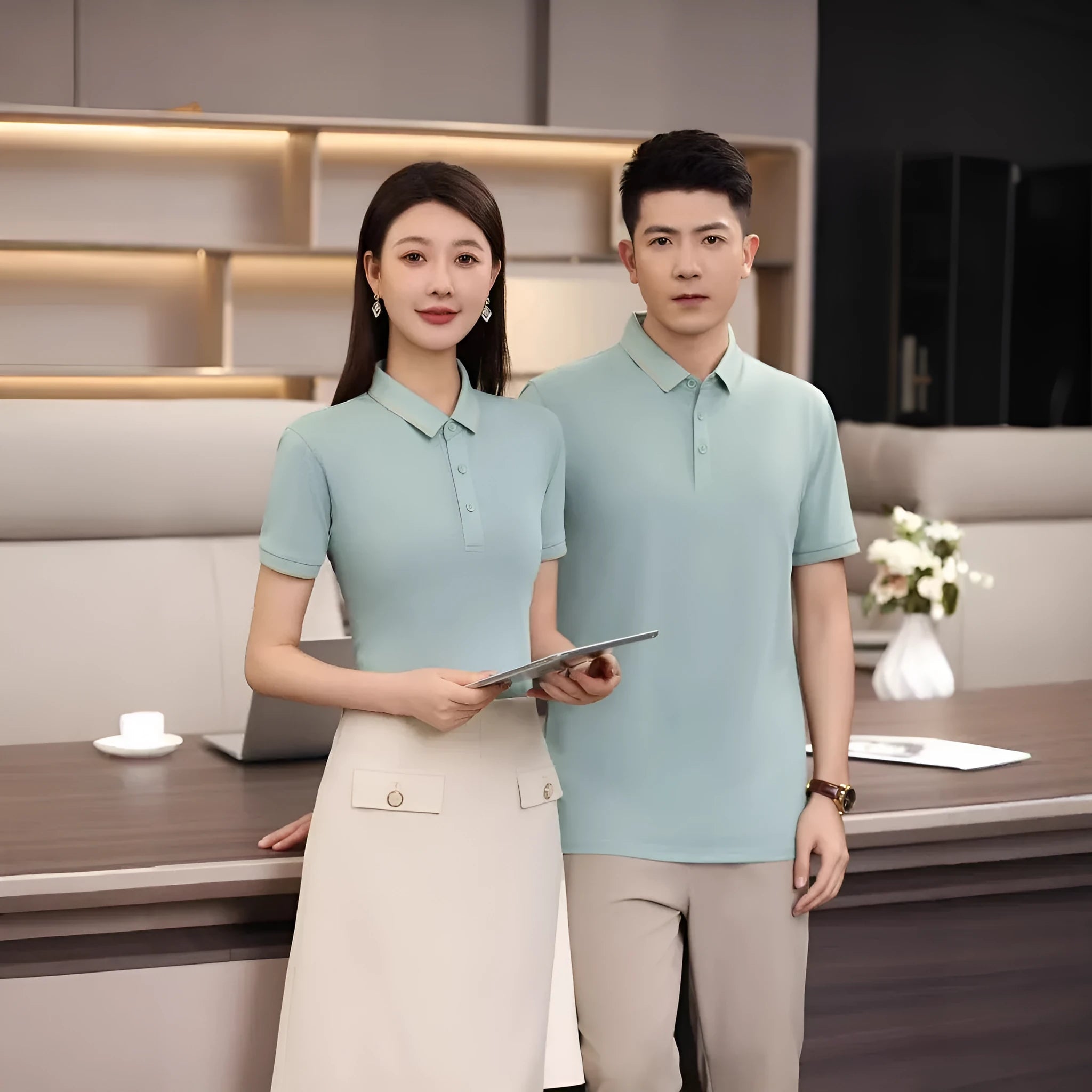 Men's light blue ice ion breathable polo shirt with a single collar lapel and short sleeves.