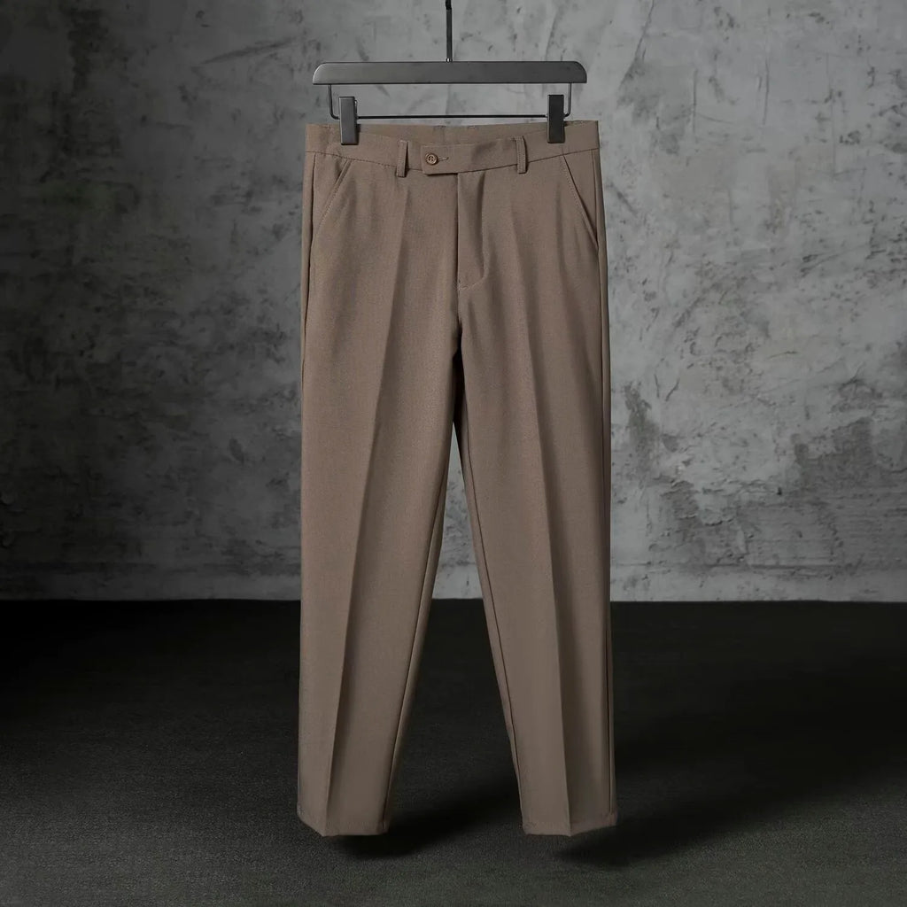 Autumn men's straight loose fit brushed polyester casual trousers in khaki, front view