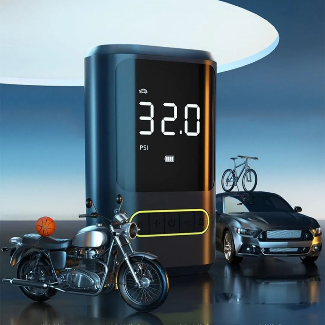 Black mini portable wireless car tyre inflator pump with LED light and air hose on dark background