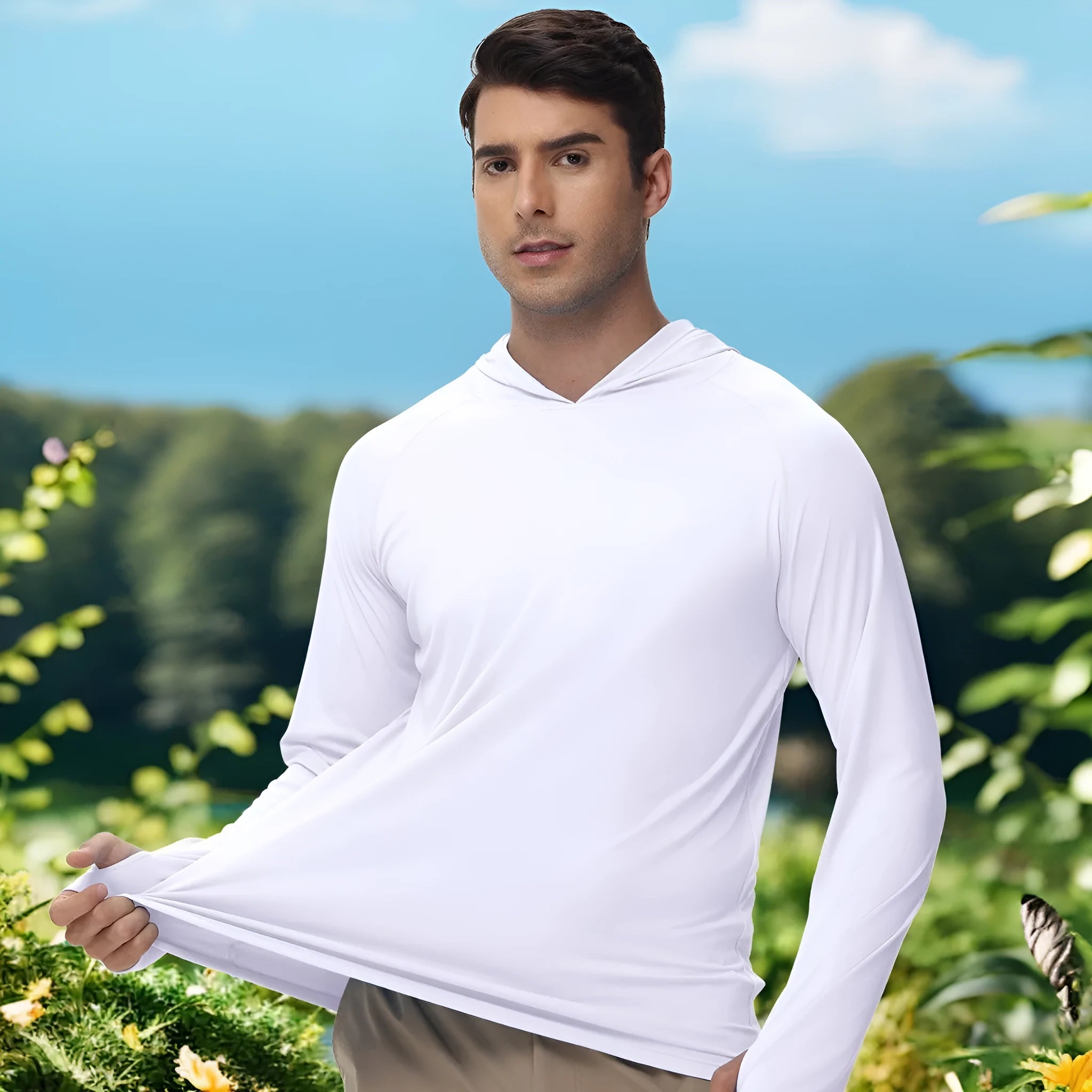 Outdoor UV protection long sleeve hooded top in polyester fabric available in multiple colours