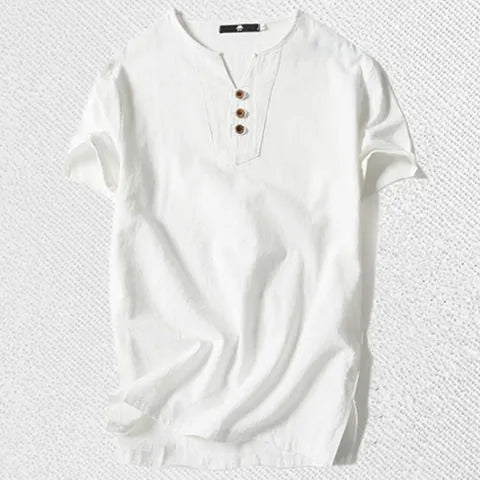 Men's loose cotton t-shirt in apricot colour showing pullover style with short sleeves
