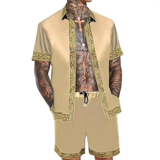 Men's casual loose short sleeve shirt and shorts Hawaii suit in polyester fabric summer set with eight colour options