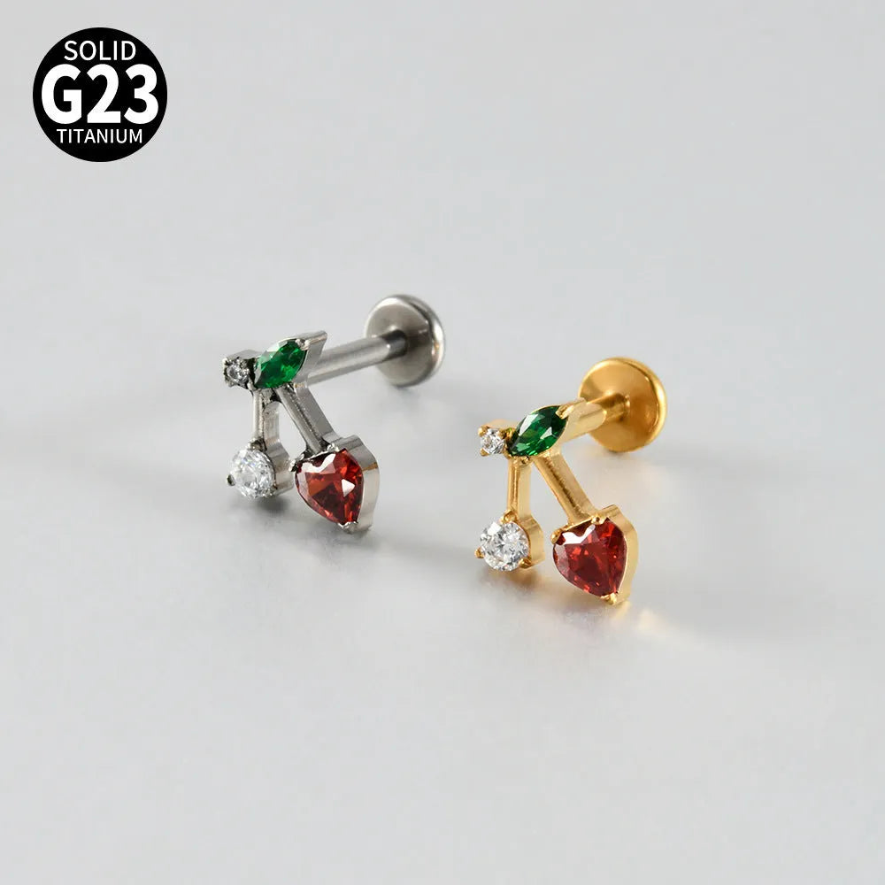 G23 titanium stud earrings with cherry zircon butterfly flower design, 1.2x8mm, gold electroplated finish