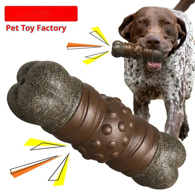 Wood colour plastic bone-shaped dog chew toy with a textured central molar rod for dental care.