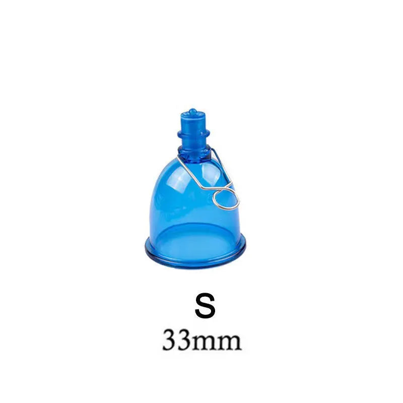 Blue silicone male masturbator cup shown in small, medium, and large size options.