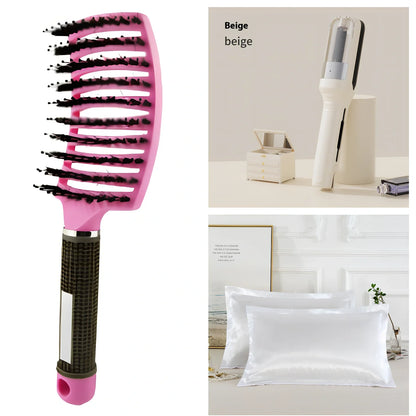 Cordless beige hair ends trimmer with 1/4-inch fixed cut, USB cable, comb and pillows for split end removal