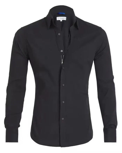 A stylish long sleeve zipper shirt with a button-accented lapel design, made of breathable cotton fabric for men.