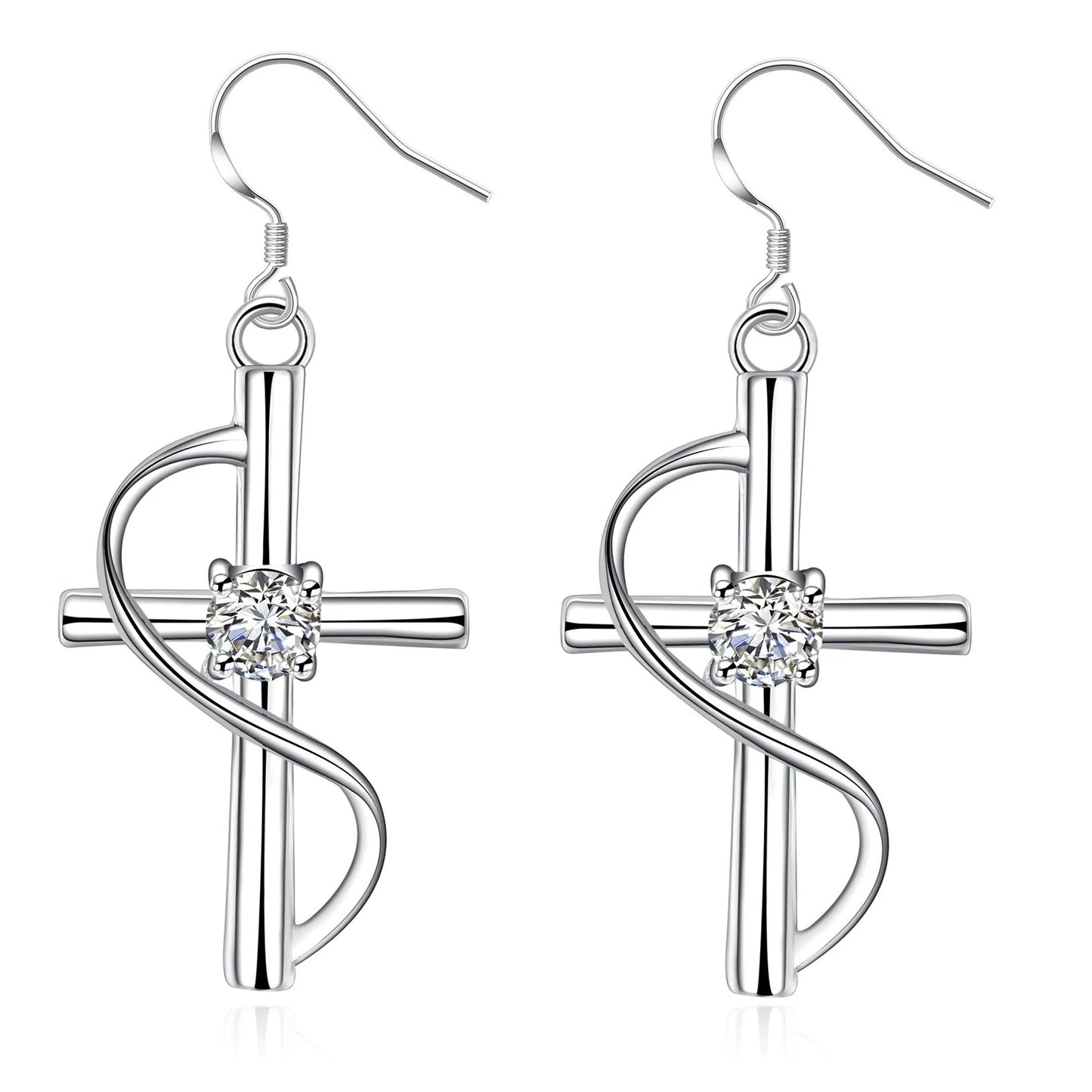 Gold-plated elongated cross earrings in white metal, minimalist design