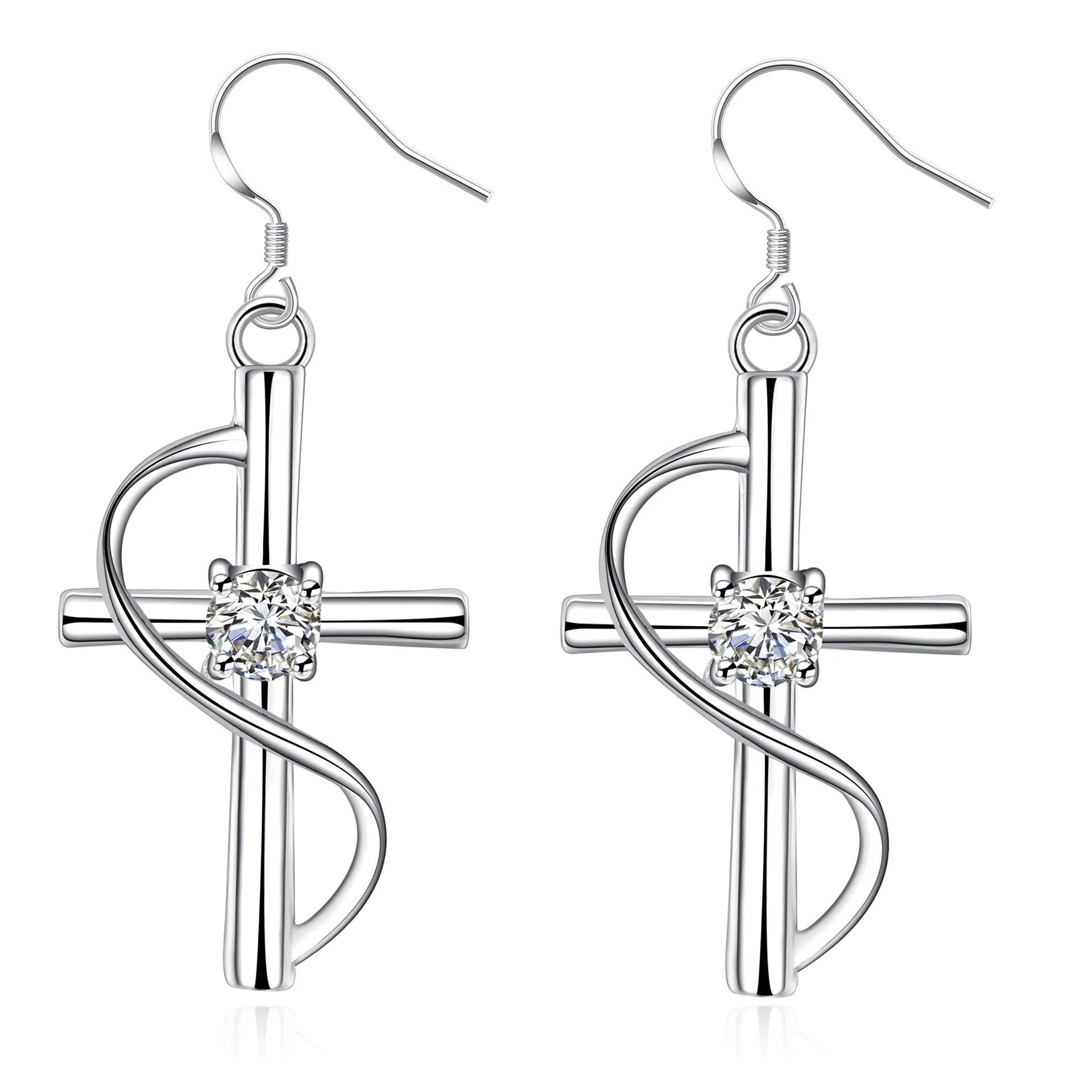 Gold-plated elongated cross earrings in white metal, minimalist design