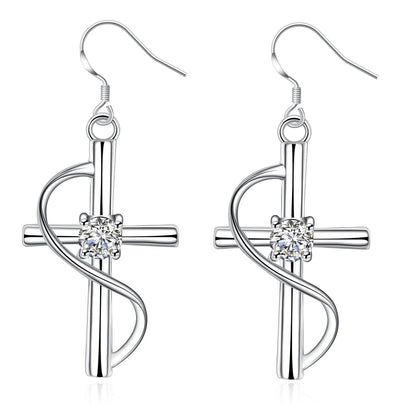 Gold-plated elongated cross earrings in white metal, minimalist design