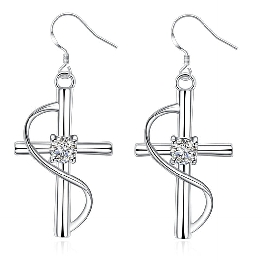 Gold-plated elongated cross earrings in white metal, minimalist design