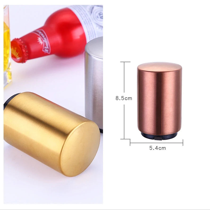 Stainless steel magnetic beer bottle opener with brushed metal finish