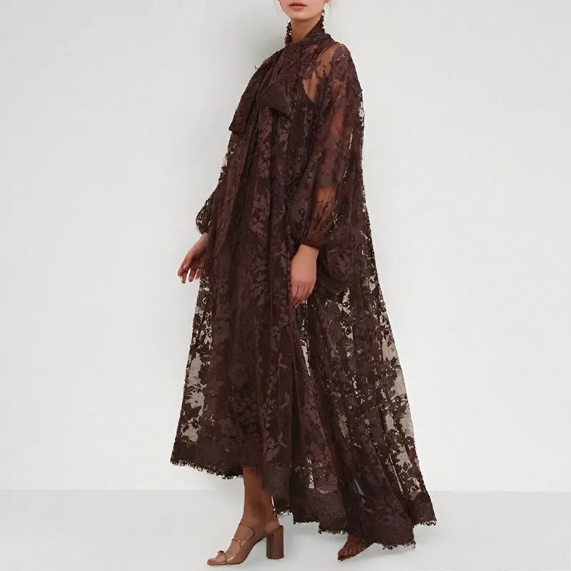 Hollow jacquard sling lace see-through loose A-line dress with ribbon in brown polyester