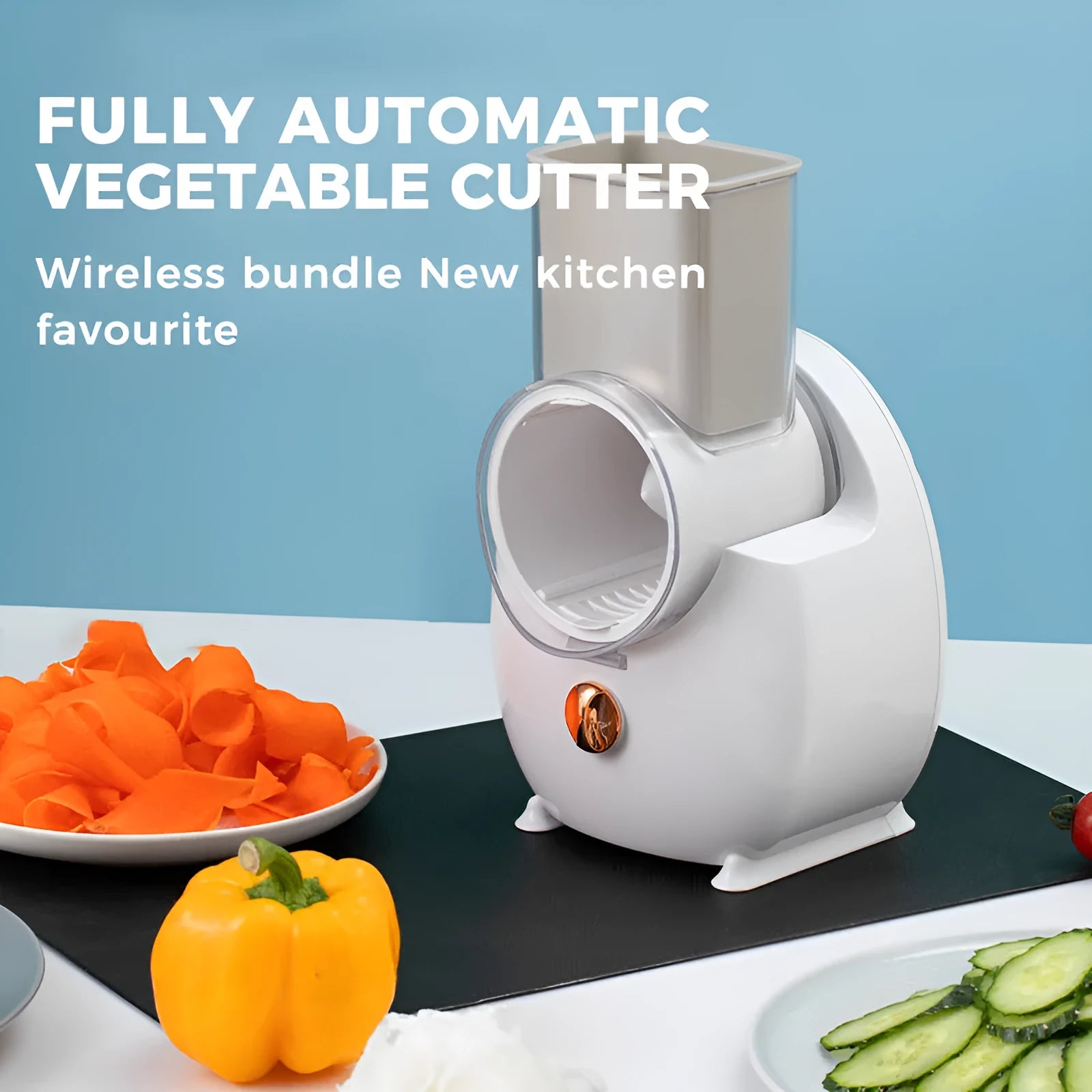 White electric vegetable slicer with rotary grater, feeding port, and three cutting blade pairs on kitchen counter
