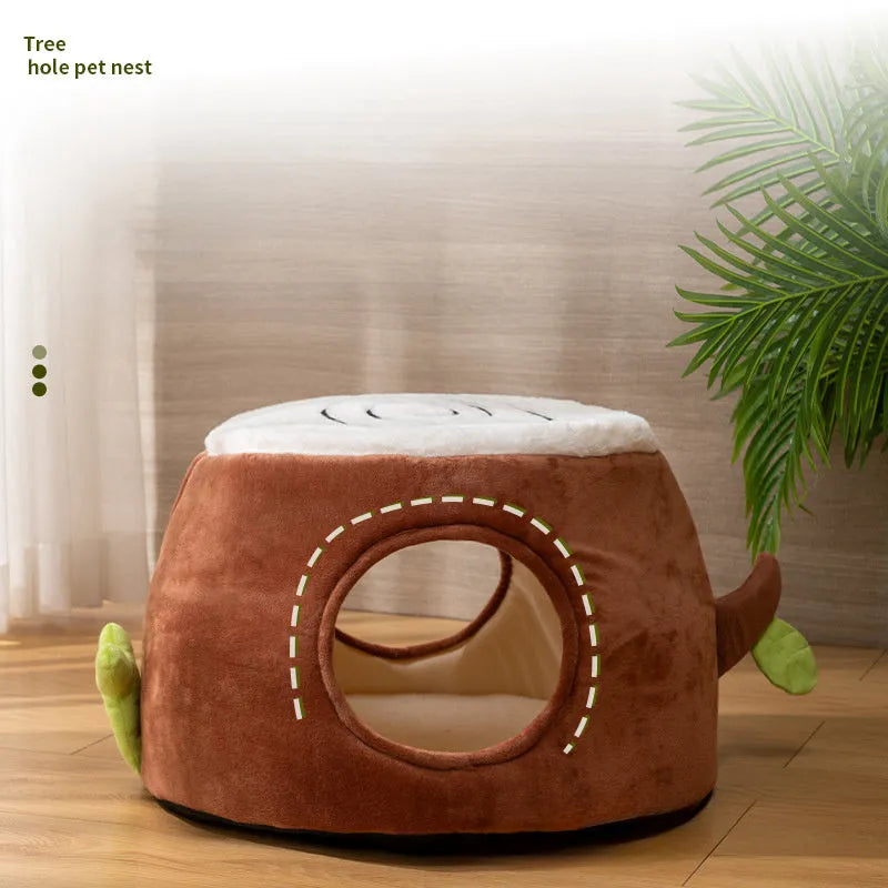 Four Season Universal Relief Pet Cat Nest in tree stump design, transformable double-layer, size options S M L