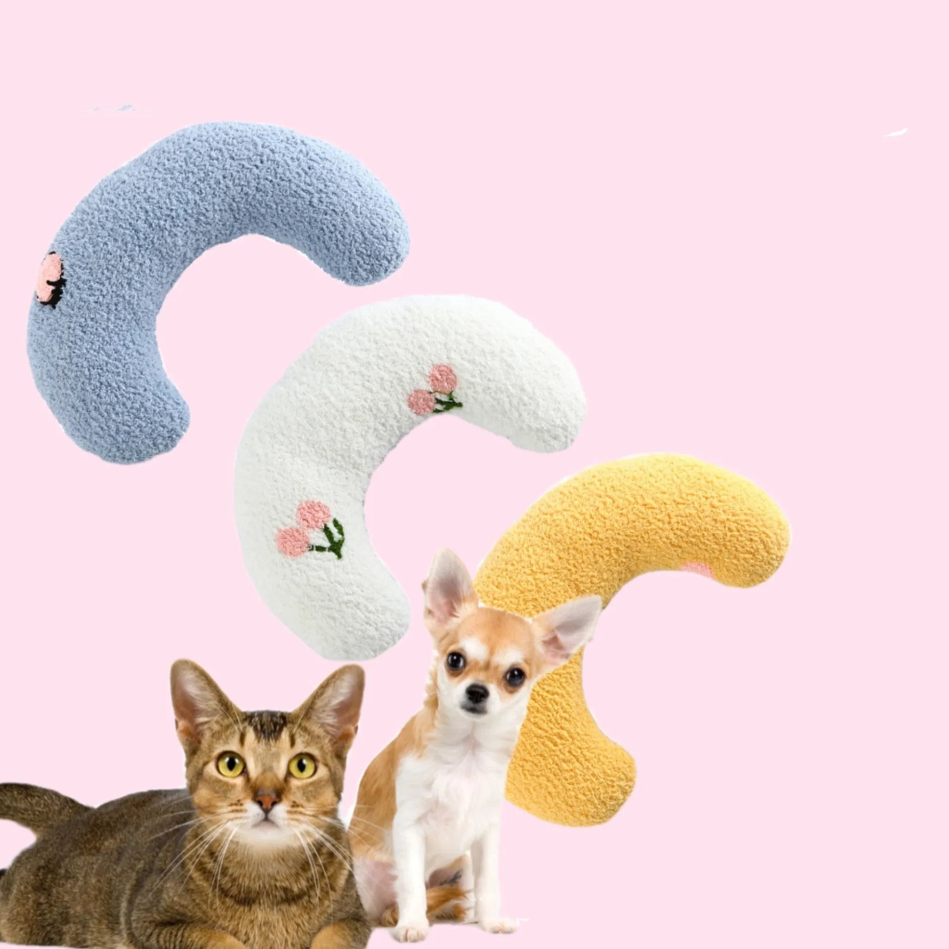 A small blue U-shaped plush pillow for a cat or small dog to sleep in.