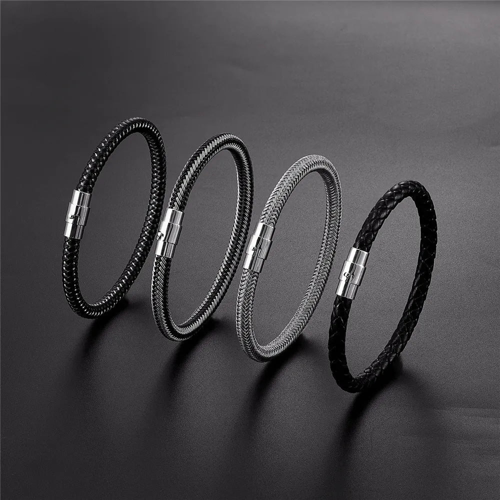 Titanium steel geometric wire bracelet with a magnetic clasp shown in one of four colour options.