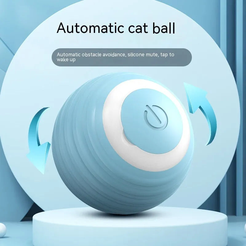 Blue and pink rechargeable automatic moving silicone cat toy ball with charging cable.
