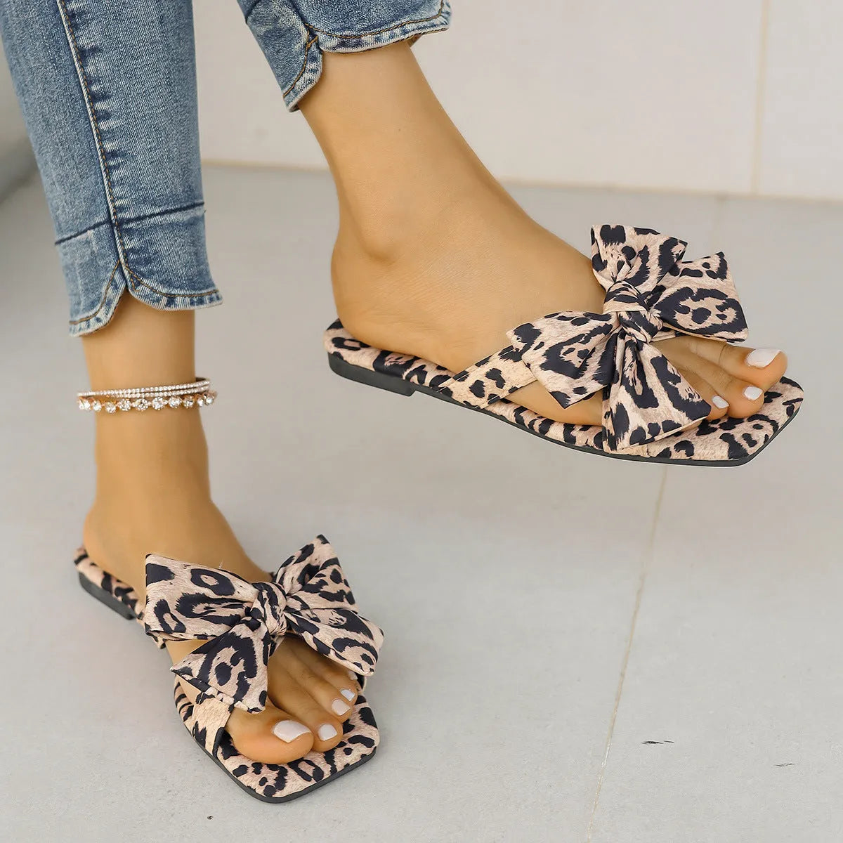 Women's bow leopard print square toe sandals with cloth upper and rubber sole in sizes 36 to 43