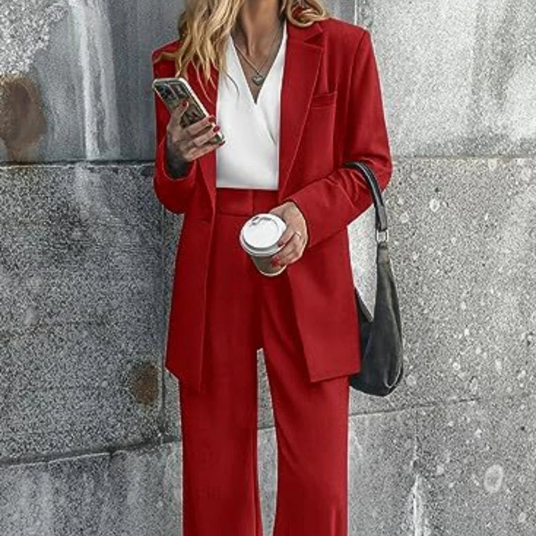 Women's casual solid colour coat trousers suit in polyester, available in multiple colours and sizes