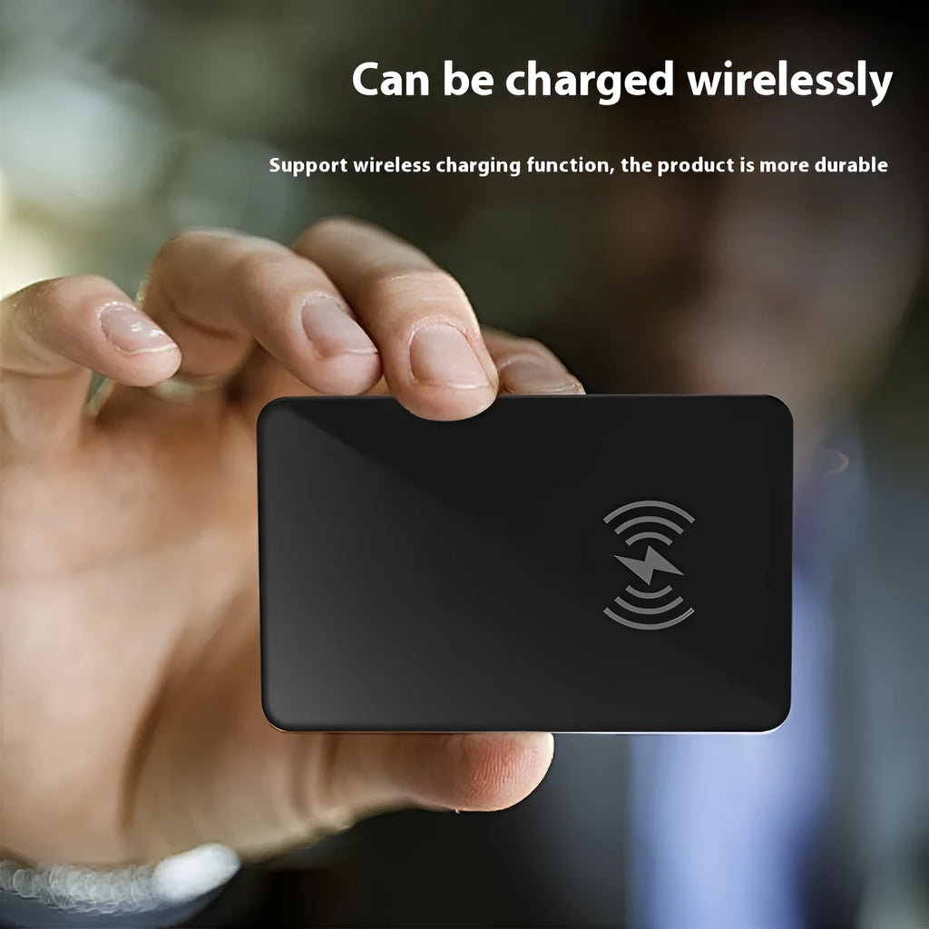 Black wireless charging pet tracker card measuring 85mm by 54mm with NFC feature and hanging hole