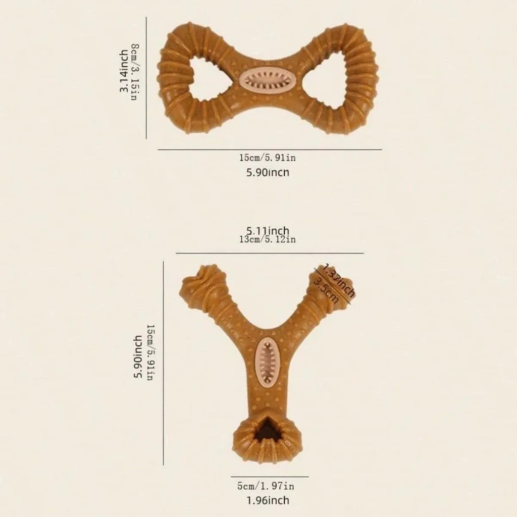 Dog chew toy bone with textured ridges for teeth cleaning in Y-shape and 8-shape designs