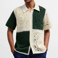 Men's beige colourblock knitted shirt with short sleeves and flocking detail