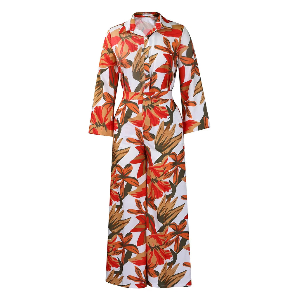 Red polyester printed long sleeve shirt and wide leg trousers women's suit set