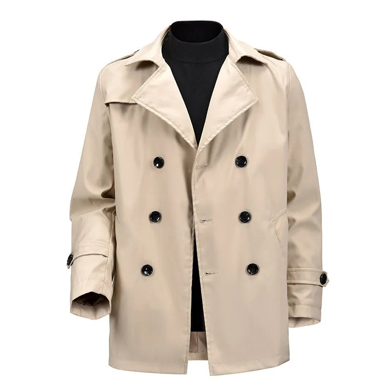Men's khaki double-breasted casual jacket made of polyester fibre, loose fit, 50cm length, front view