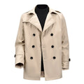 Men's khaki double-breasted casual jacket made of polyester fibre, loose fit, 50cm length, front view