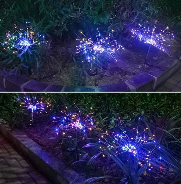 Solar-powered string lights with fireworks-inspired lighting effects, perfect for outdoor gardens, patios, and parties