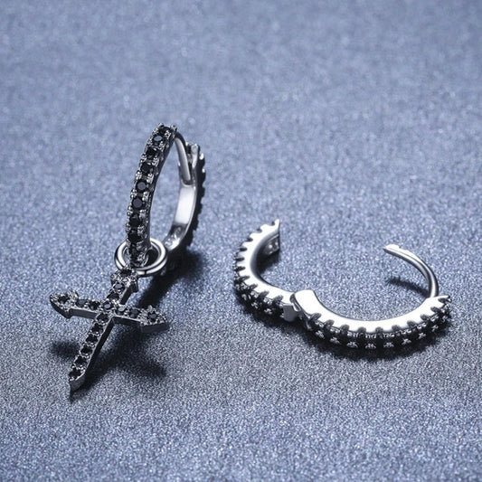 Trendy black copper-plated earrings with zircon inlays and cross design