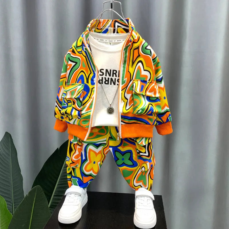 Orange and blue spring children's cotton two-piece shirt and trousers set for boys