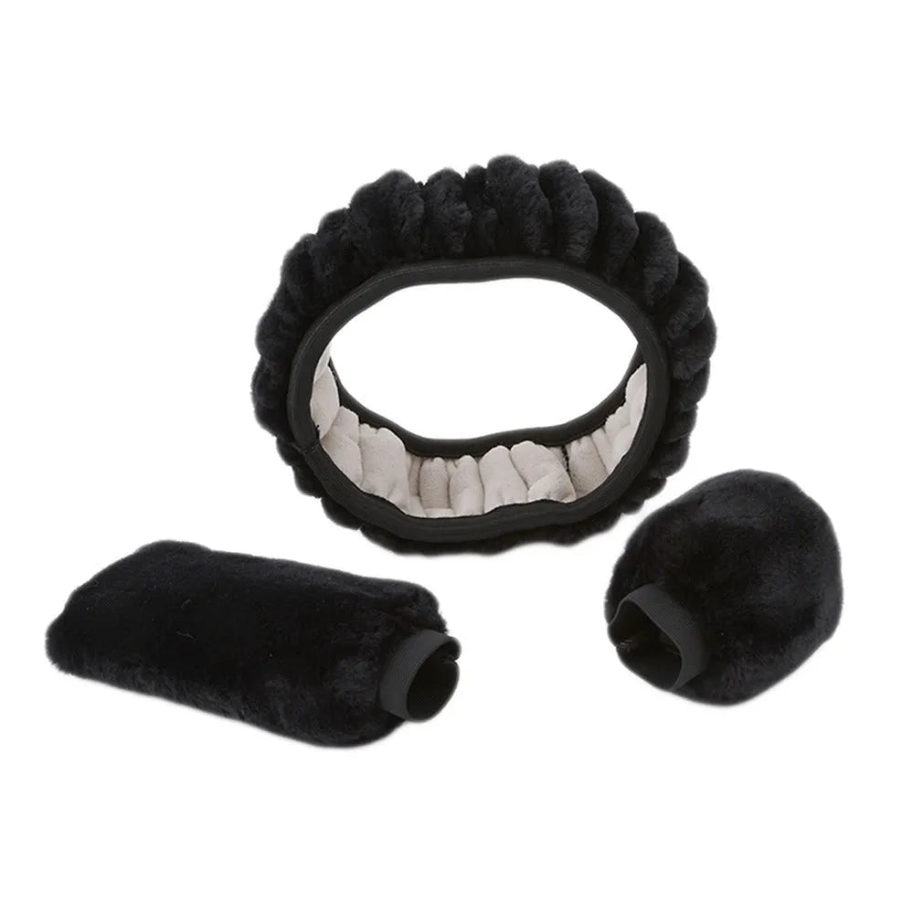 Plush winter car steering wheel cover set in beige, showing steering wheel, handbrake, and gear knob covers