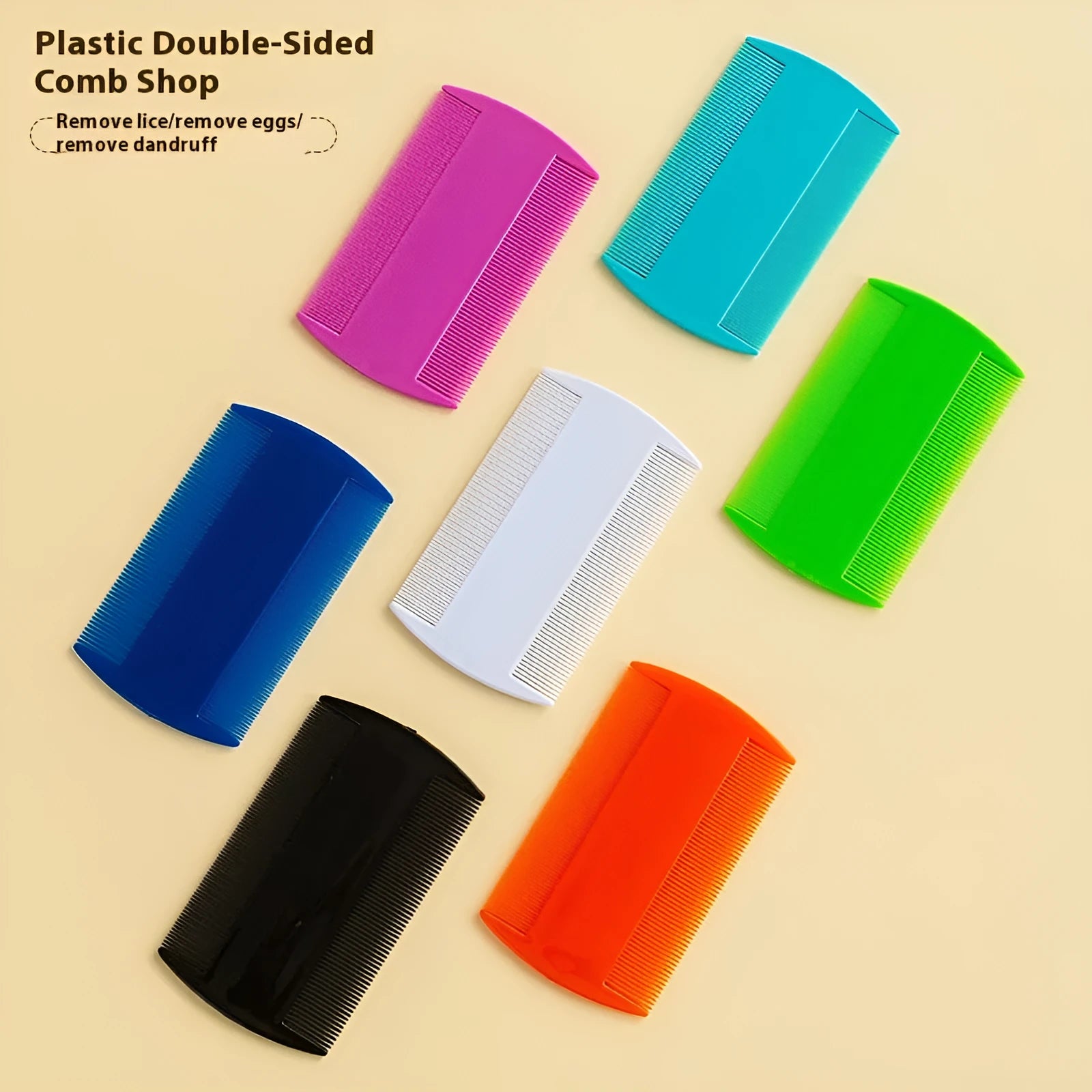 Fine-toothed double-edged plastic comb for pet fleas or human lice in assorted colours.