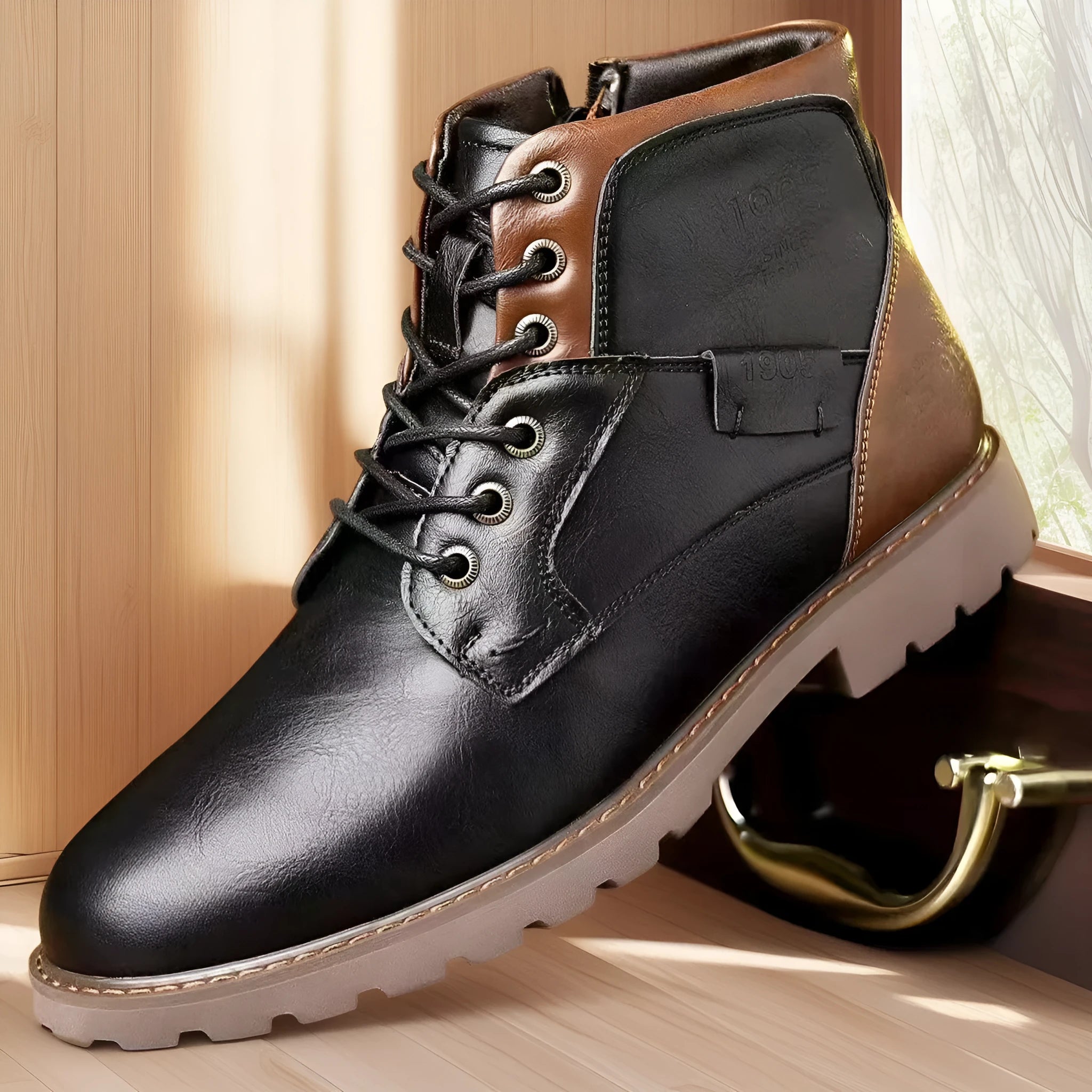 Men's brown and black side-zip ankle boots with round toe and rubber sole