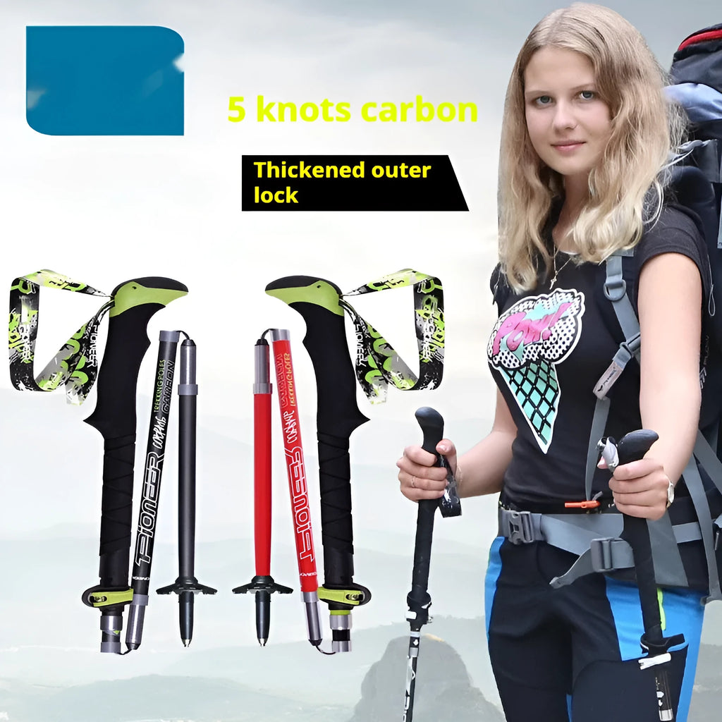 Carbon fibre folding climbing cane with tungsten steel tip shown extended and collapsed